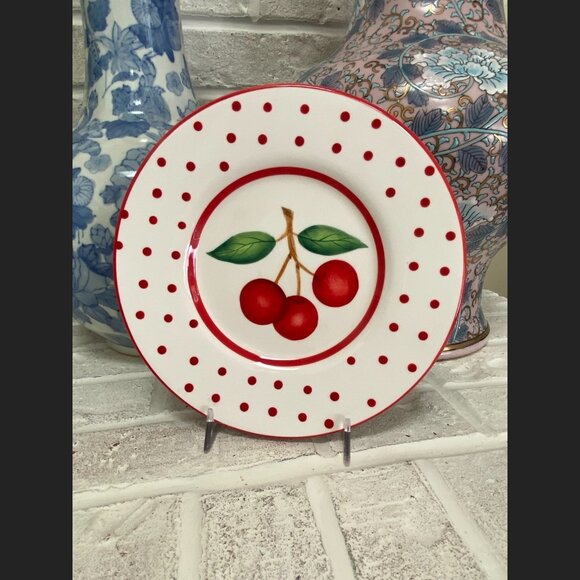 Cherry Plate with Red Polka Dots - 8" - Wall Hangers on back - EUC - Picture 2 of 4